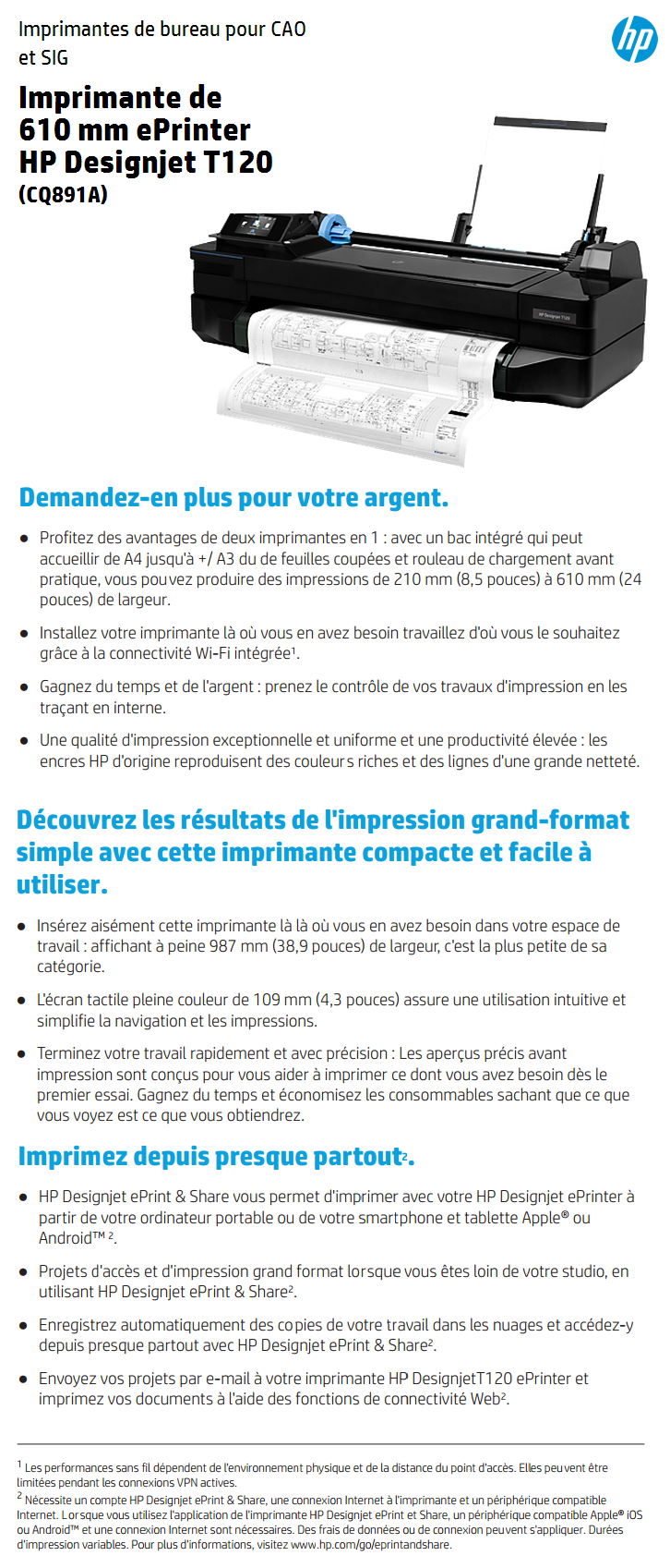 Acheter Imprimante ePrinter HPÂ Designjet T120 610Â mm (CQ891A) Maroc