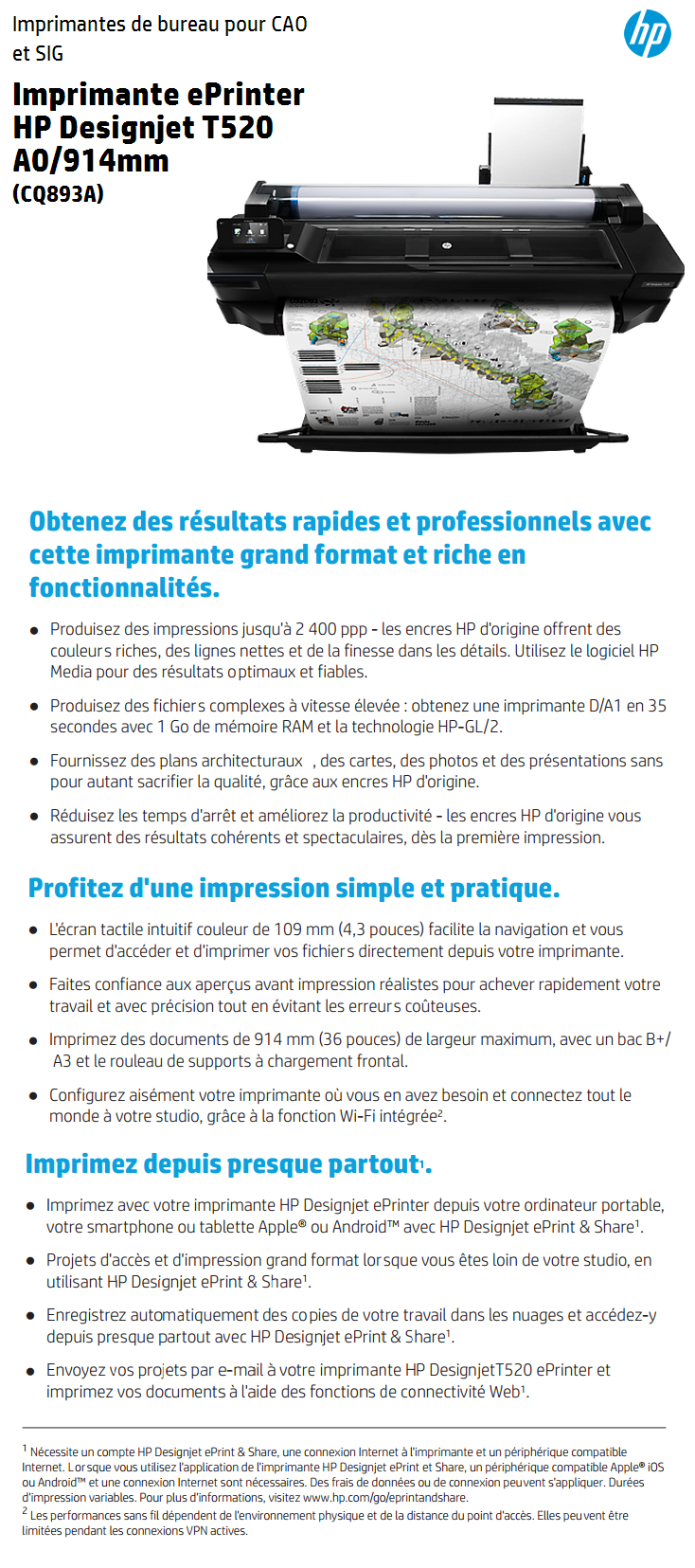 Acheter Imprimante ePrinter HPÂ Designjet T520 914Â mm (CQ893A) Maroc
