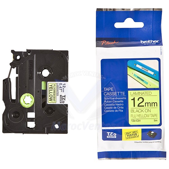 Cassette à Ruban pour Etiqueteuse Jaune Fluorescent 12 mm de Large TZe-C31