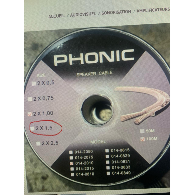 Phonic Câble Audio Blindé 2x1,5mm 0142010 - Bobine 100m 0142010