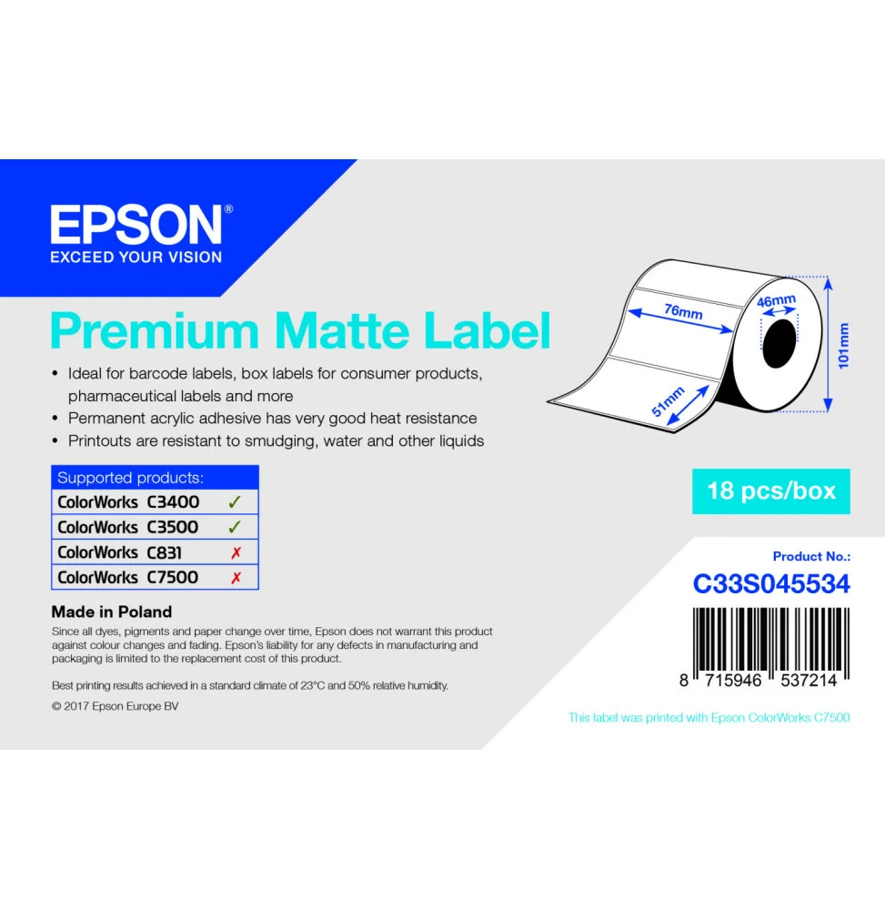 Papier rouleau étiquette pour C3500/3400/7500 Die-cut Roll 76mm x 51mm, 650 labels
