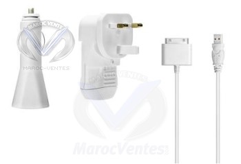 Power pack pour Ipod blancchargeur + allume cigare + usb