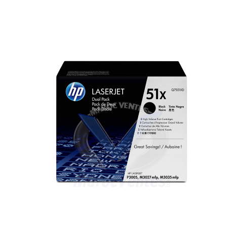 Pack de 2 51X toners LaserJet noir grande capacité authentiques 13 000 pages Q7551XD