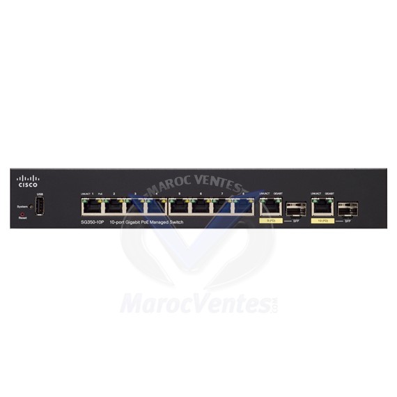 Switch Gigabit manageable 10 ports 10/100/1000 PoE+ (62W) dont 2 ports combo Gigabit /SFP SG350-10P-K9-UK